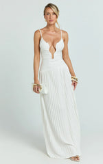 Hathaway Maxi Dress - U Shaped Neck Pleated Dress in Ivory