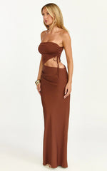Fergie Maxi Dress - Strapless Side Ruched Cut Out Fitted Dress in chestnut brown