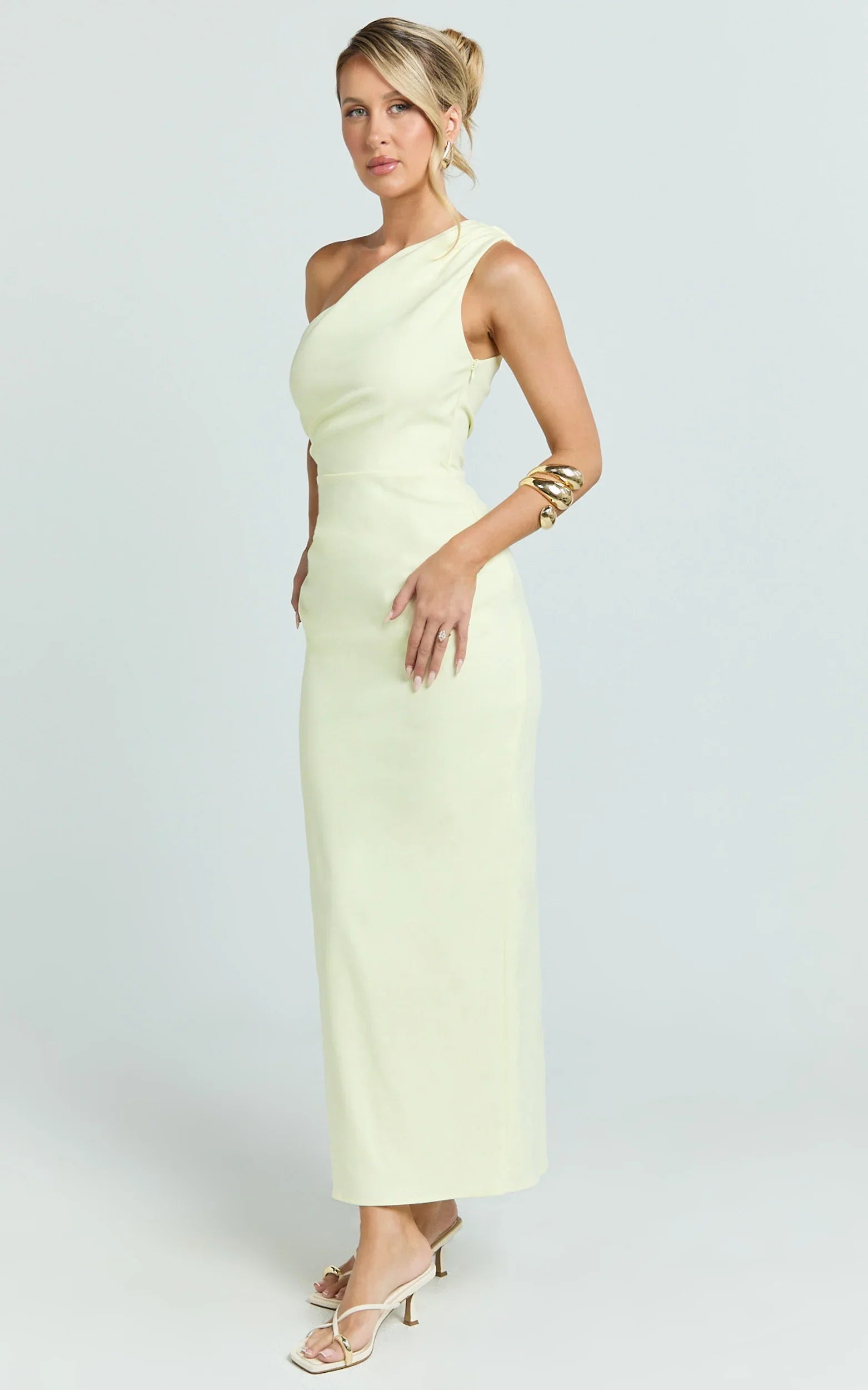 Karlie Midi Dress - One Shoulder Fitted Dress in Lemon