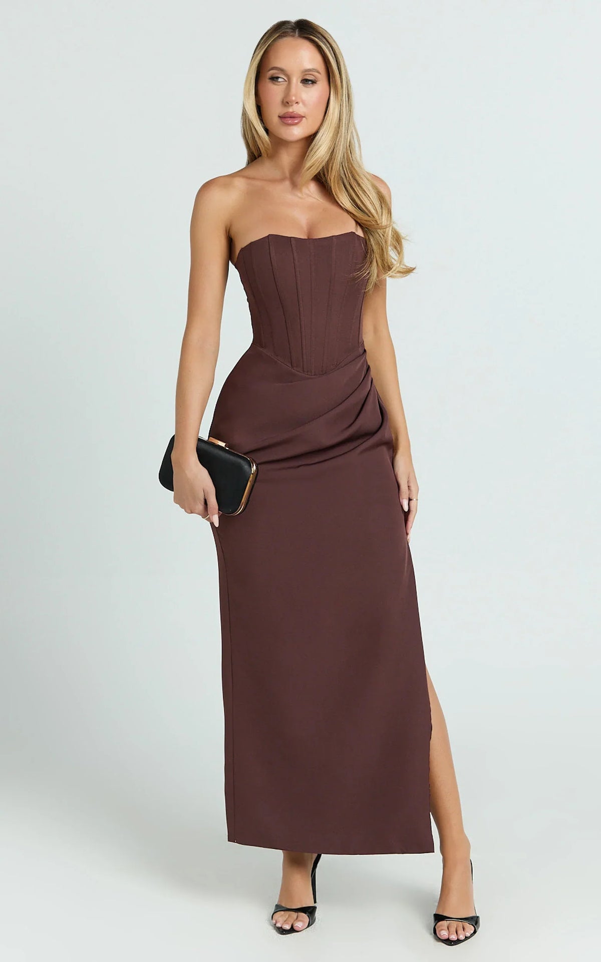 Avery Midi Dress - Strapless Draped Side Split Dress in Chocolate