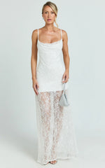 Alana Maxi Dress - Lace Sequin Cowl Neck Dress in White
