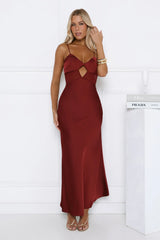 Sultry Satin Crisscross Back Midi Dress Burgundy