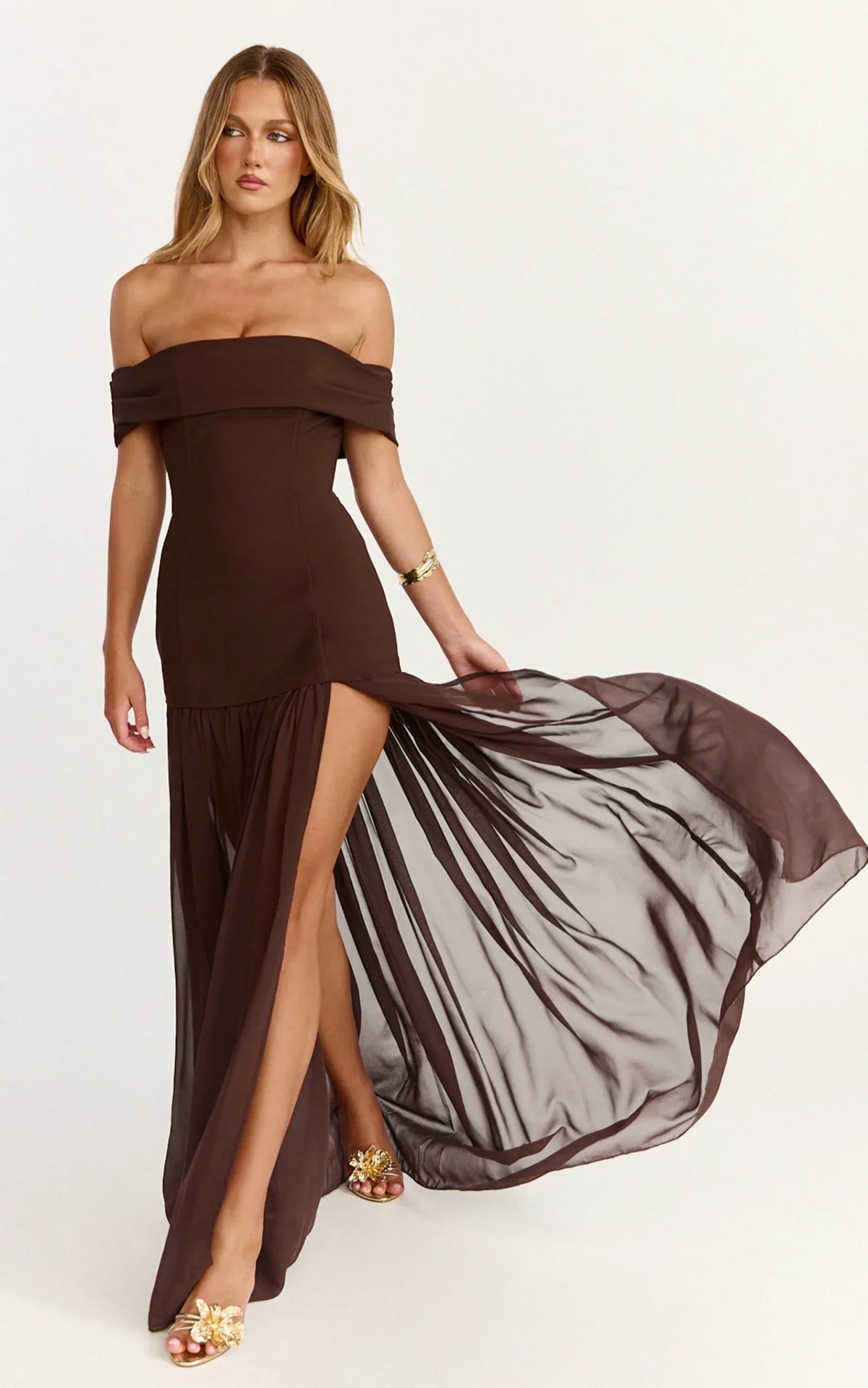 Florence Maxi Dress - Off Shoulder Sheer Skirt Dress in Chocolate
