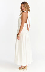 Anya Midi Dress - Halter Neck Ruched Drop Waist Dress in White