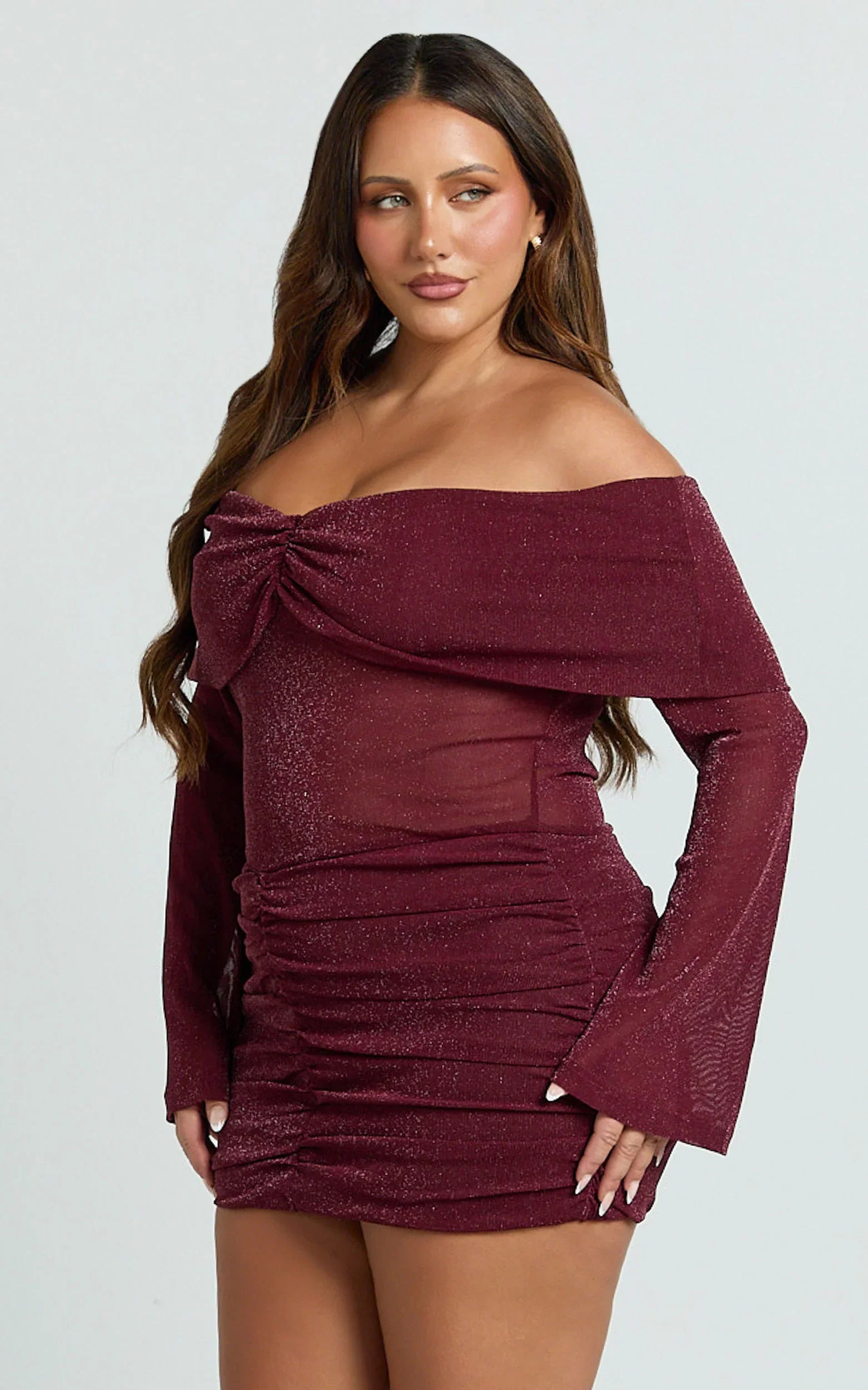 Rumi Mini Dress - Glitter Tulle Off Shoulder Ruched Dress in Wine