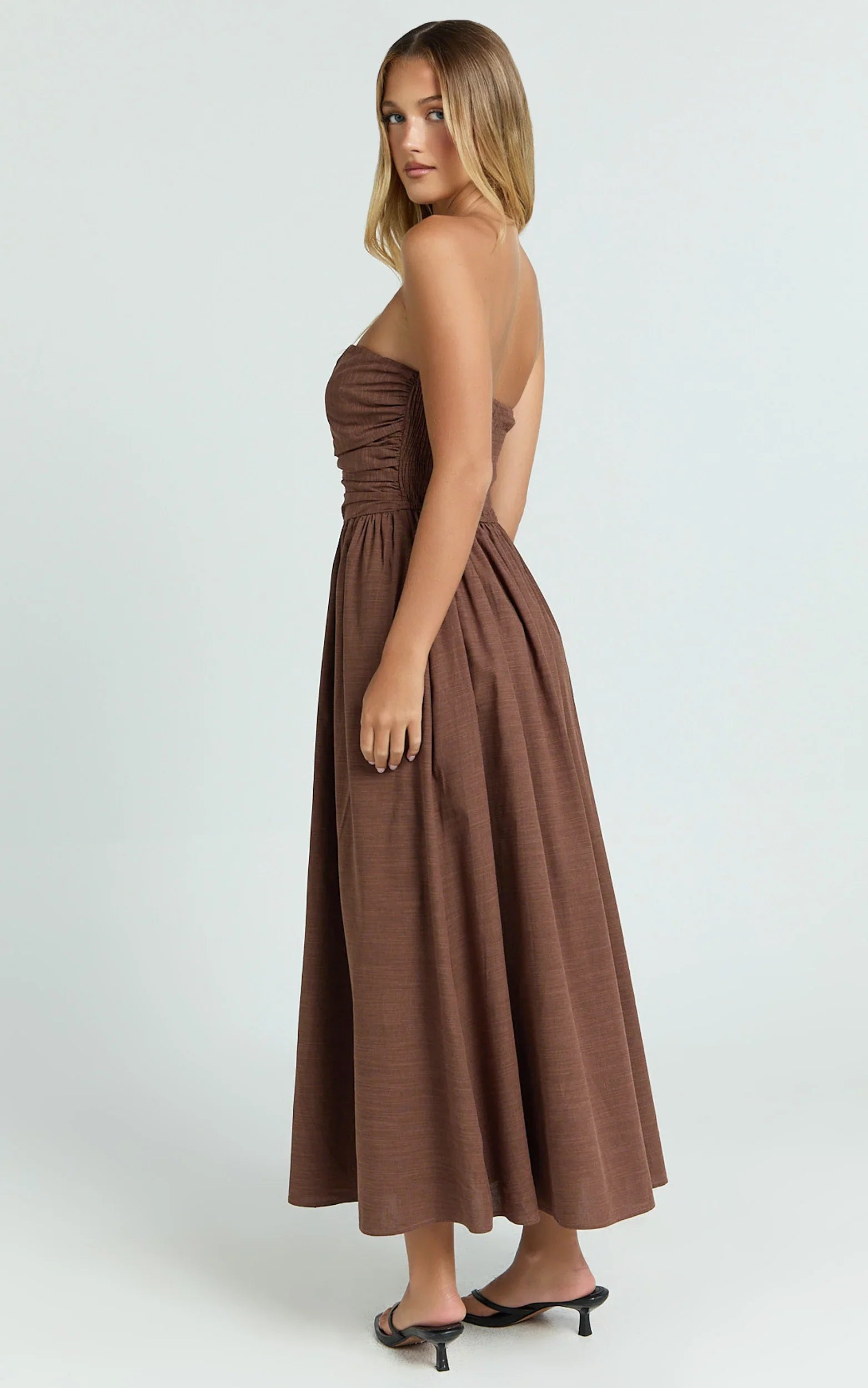 Polly Midi Dress - Strapless Ruched Dress in Chocolate
