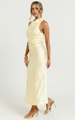 Aluna Midi Dress - High Neck Cross Back Satin Slip Dress in Lemon
