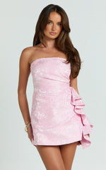 Laila Mini Dress - Jacquard Strapless Fit And Flare Dress in Pink