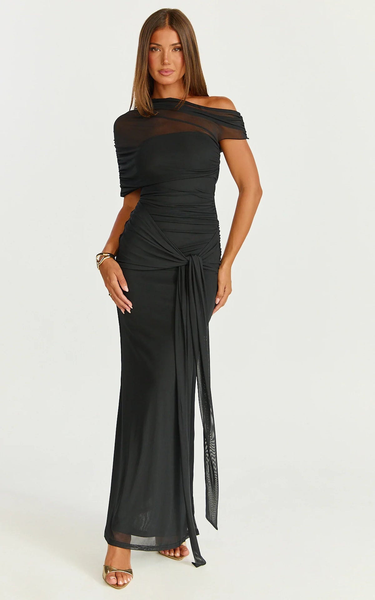 Nicolette Maxi Dress - Cape Sleeve Off Shoulder Dress in Black