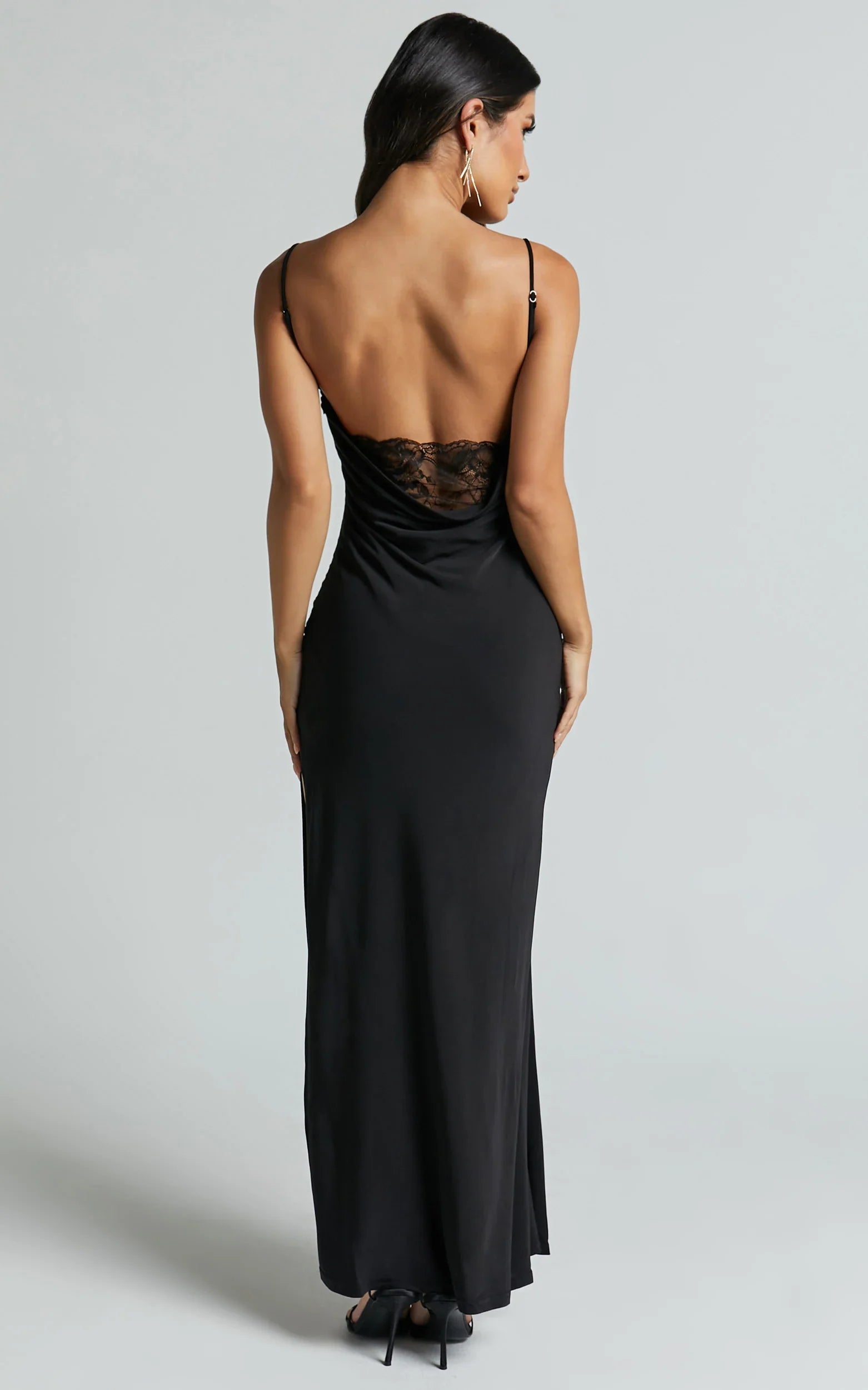 Carrie Maxi Dress - Cowl Back Lace Insert Dress in Black