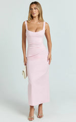 Benita Midi Dress - Scoop Neck Ruched Fitted Dress in Pink