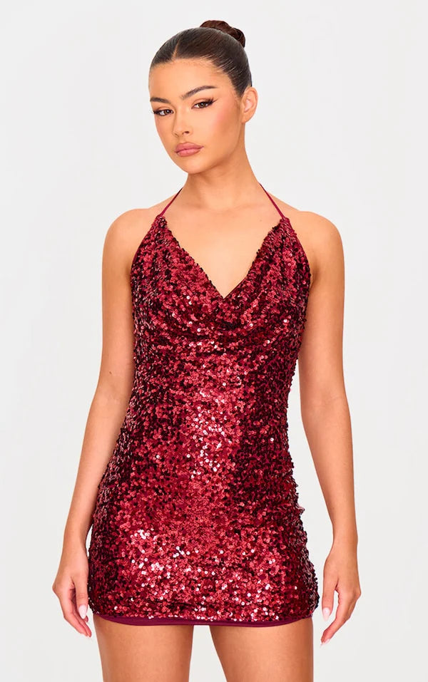 Aqua Sequin Tie Cowl Halter Neck Bodycon Dress