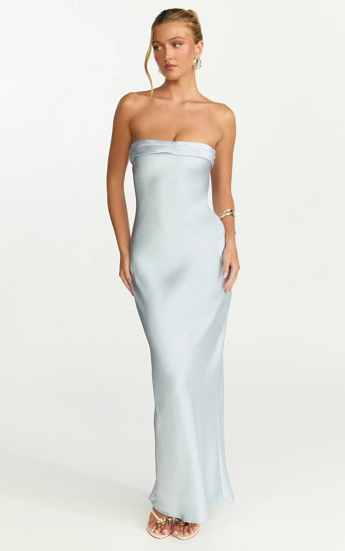 Zaya Midi Dress - Strapless Satin Slip Dress in Pale Blue
