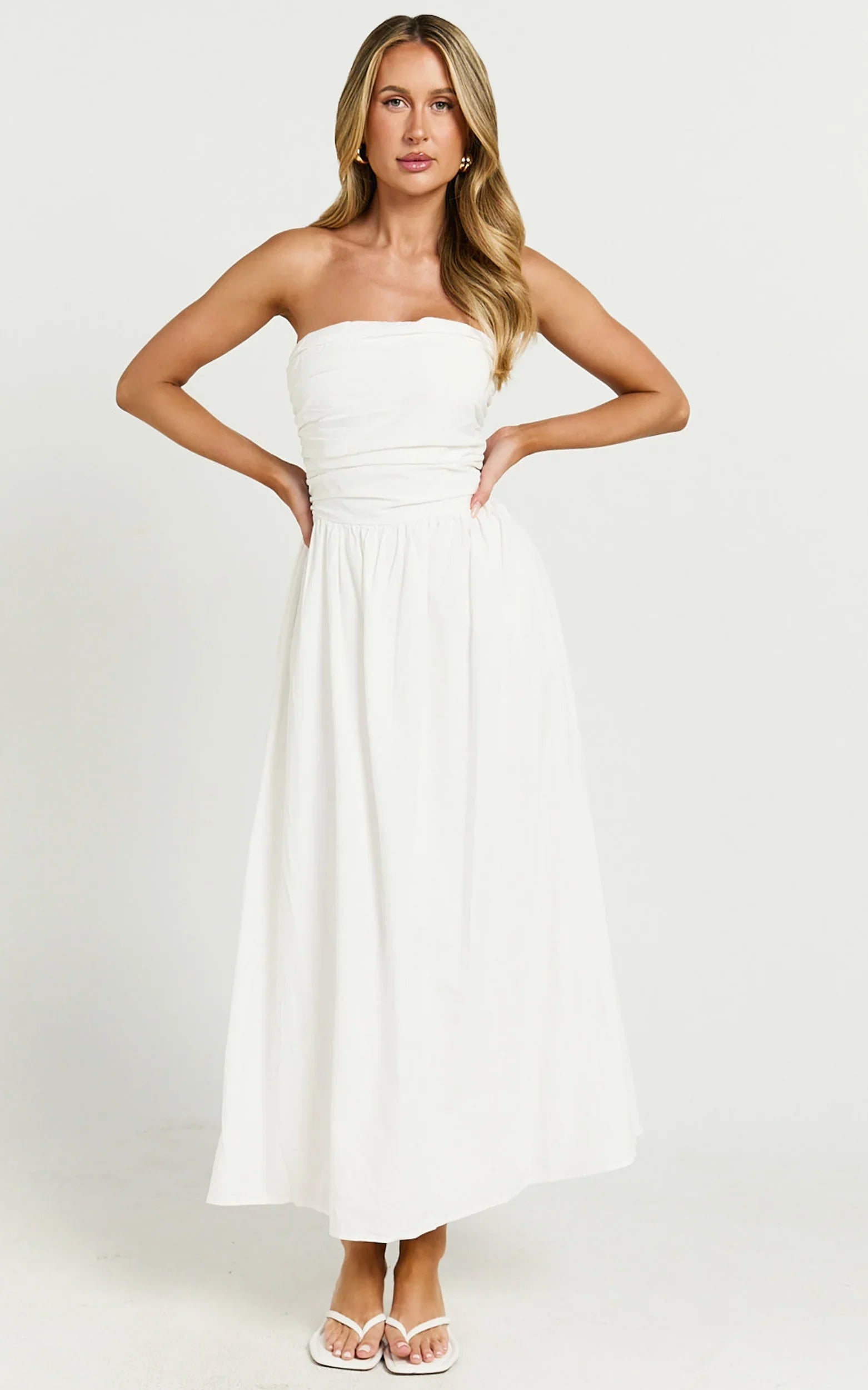 Polly Midi Dress - Strapless Ruched Dress in White