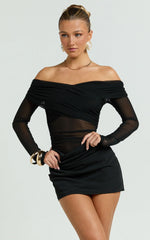 Jade Mini Dress - Long Sleeve Off Shoulder Draped Bias Cut Dress in Black