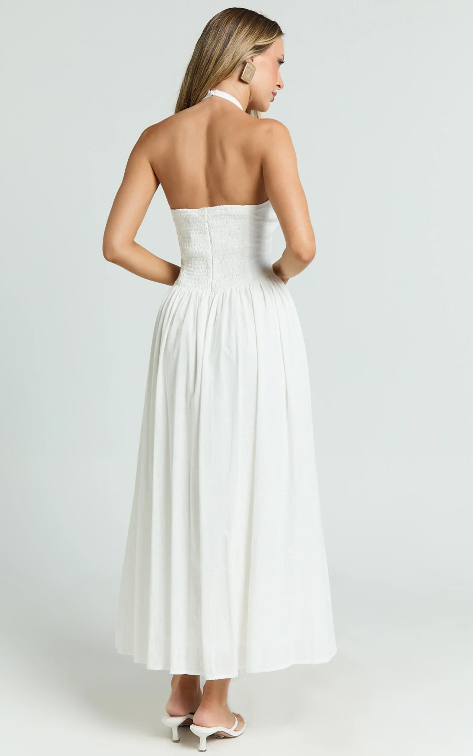 Athena Midi Dress - Halter Drop Waist Dress in White