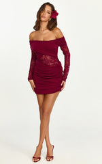 Juliet Mini Dress - Off Shoulder Lace Contrast Bodycon Dress in Wine