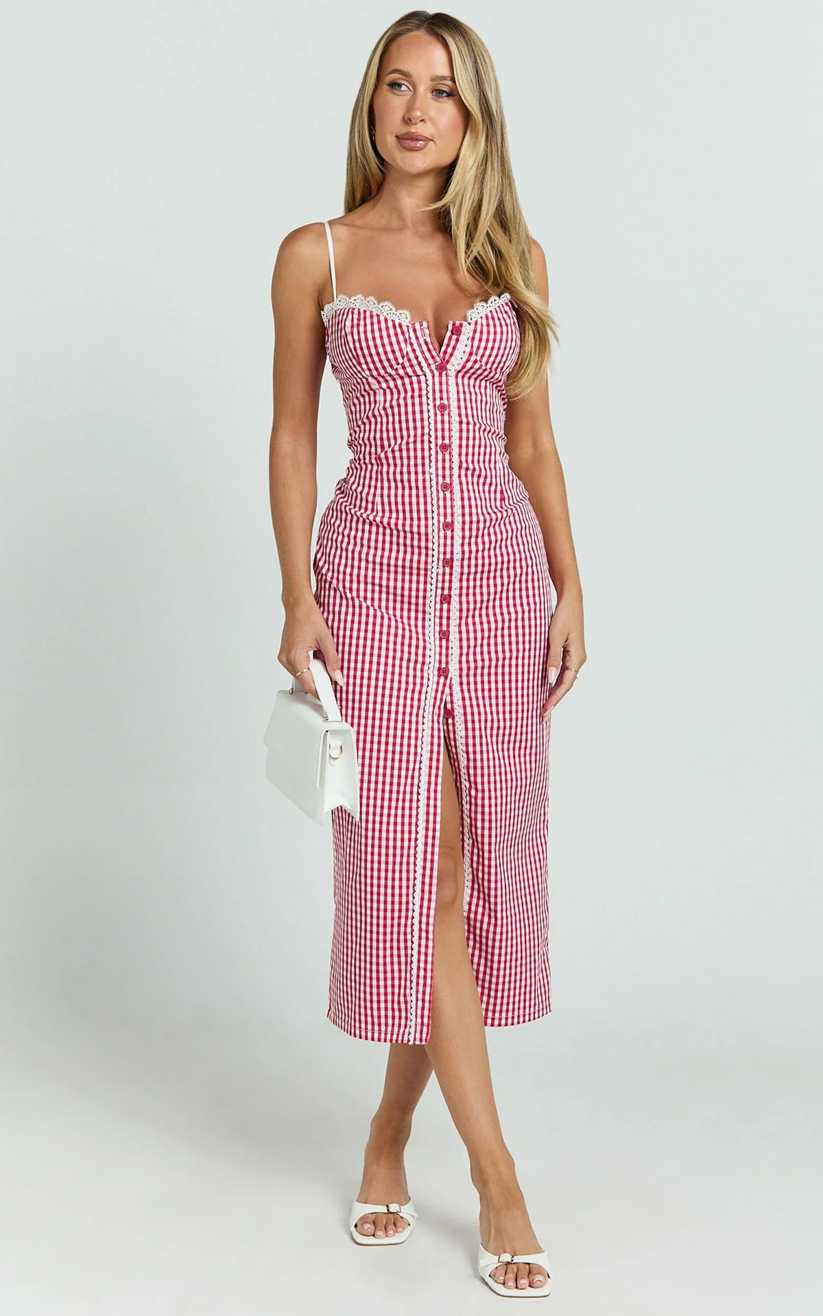 Anessa Midi Dress - Button Front Bustier Fitted Dress in Red Gingham