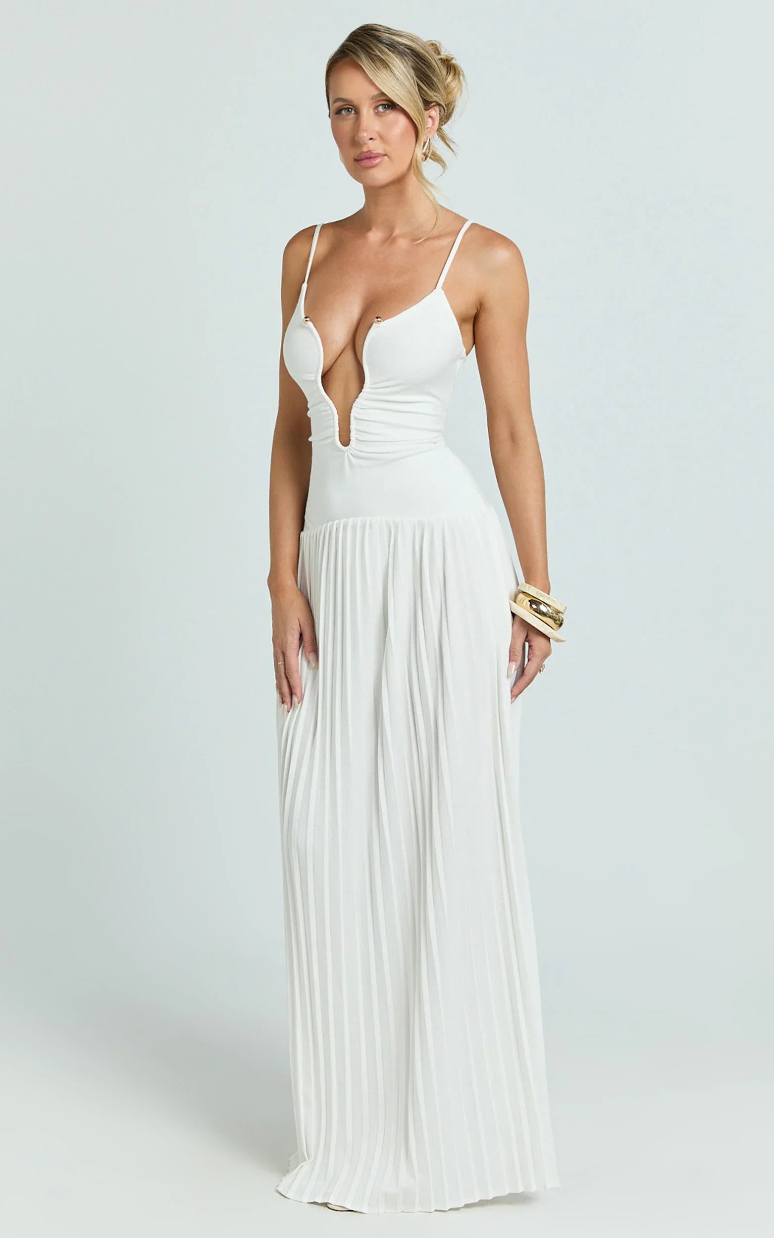 Hathaway Maxi Dress - U Shaped Neck Pleated Dress in Ivory