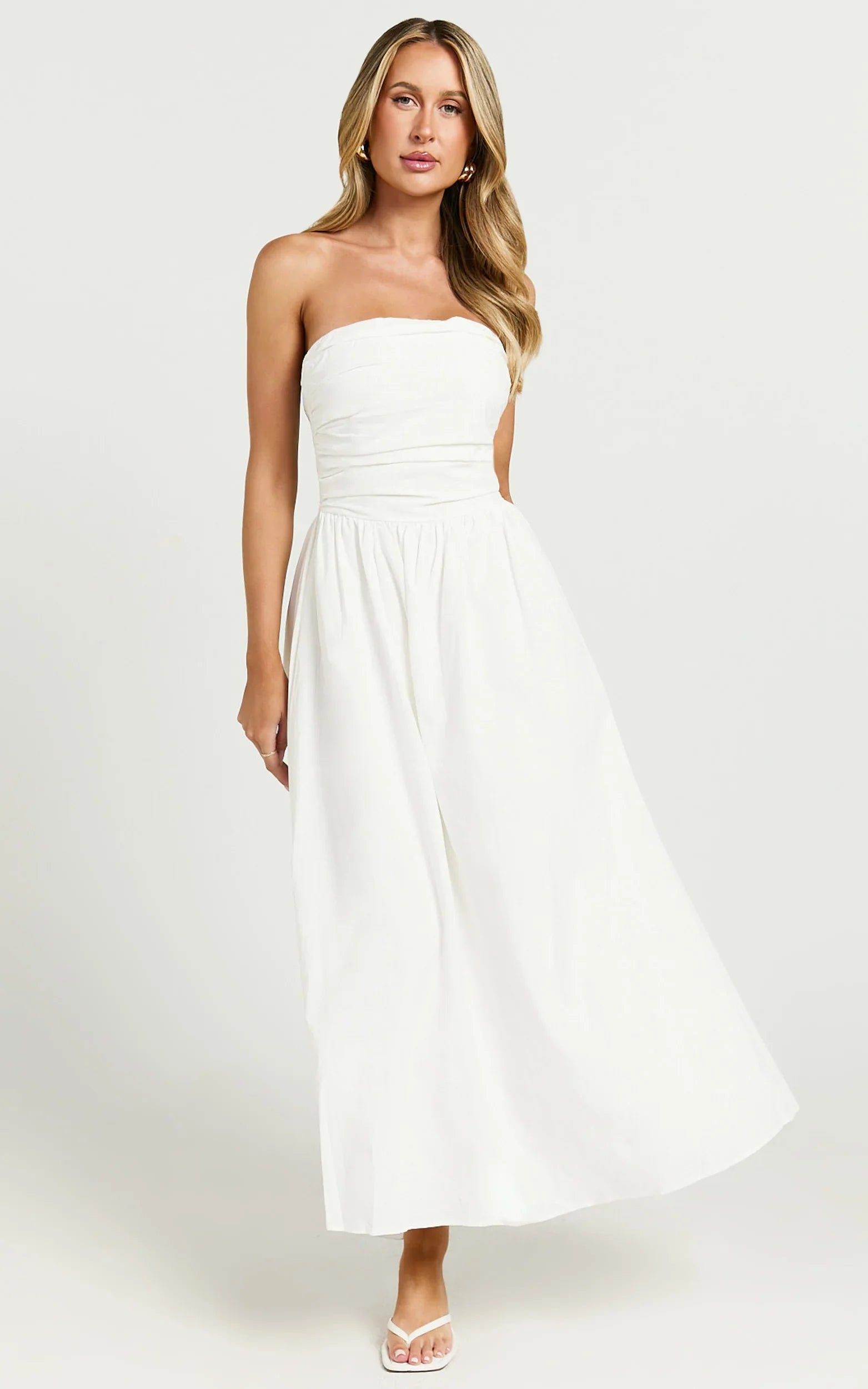 Polly Midi Dress - Strapless Ruched Dress in White