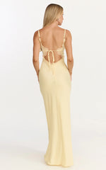 Kyra Maxi Dress - Lace Bust And Tie Back Satin Dress in Lemon
