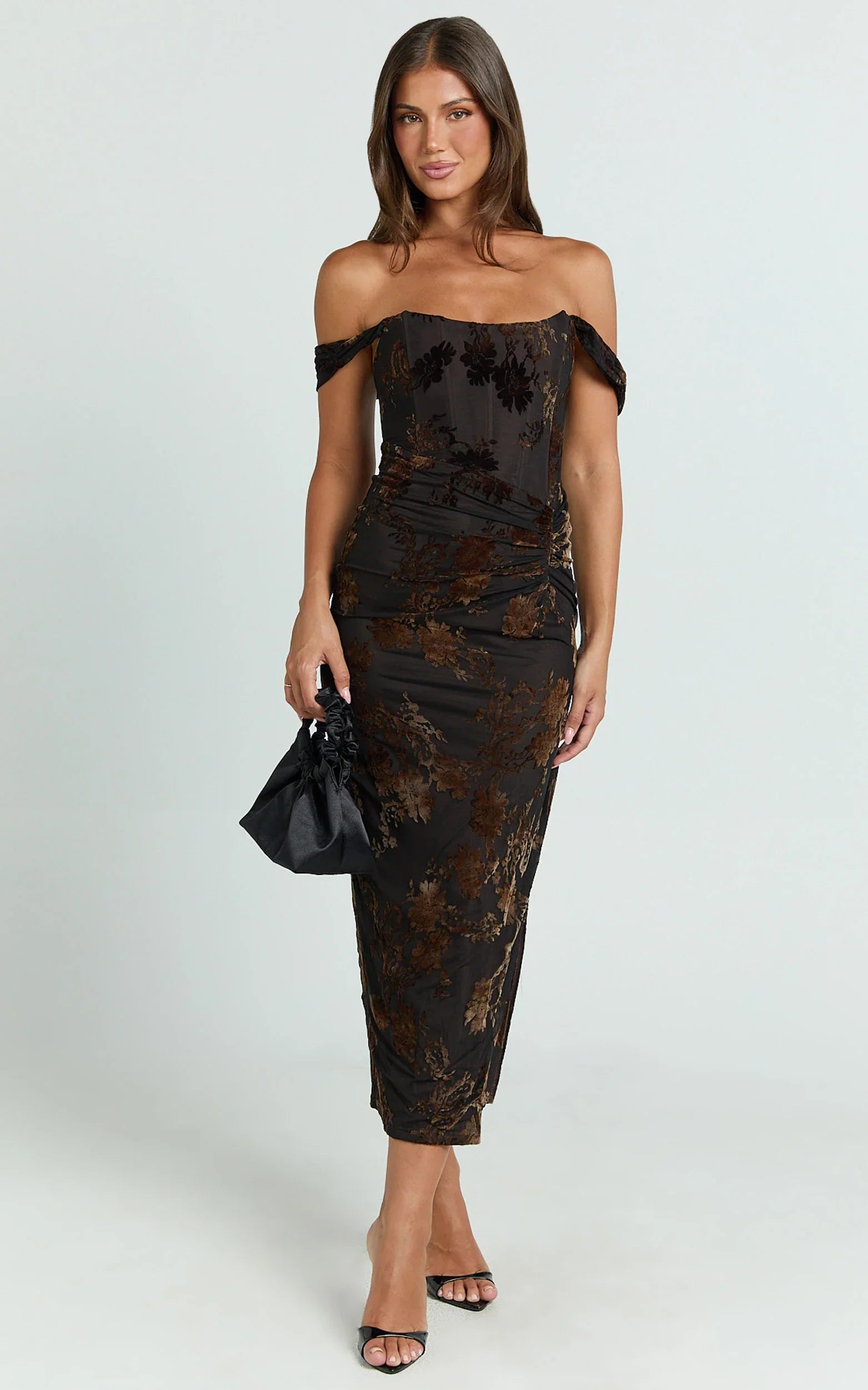 Karlene Midi Dress - Ruched Corset Burnout Dress in Black and Brown