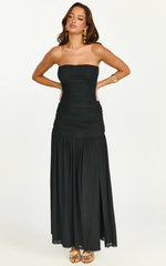 Marguerite Maxi Dress - Strapless Ruched Mesh High Leg Split Dress in Black
