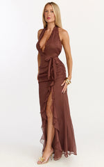 Eleonor Maxi Dress - Plunge Halter Tiered Ruffle Front Split Dress in Chocolate