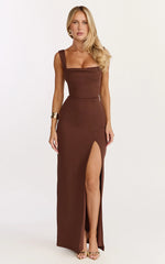 Donna Maxi Dress - Cowl Neck Column High Split Dress in Chocolate