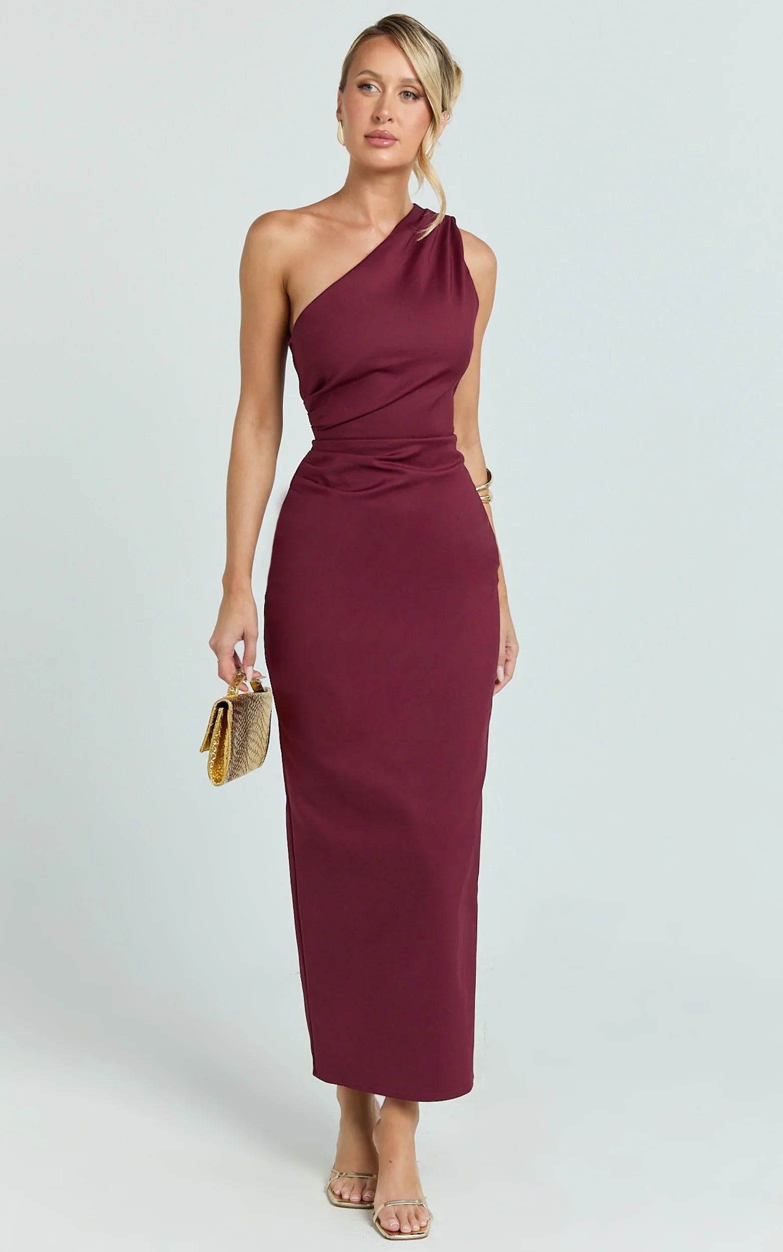 Karlie Midi Dress - One Shoulder Fitted Dress in Wine