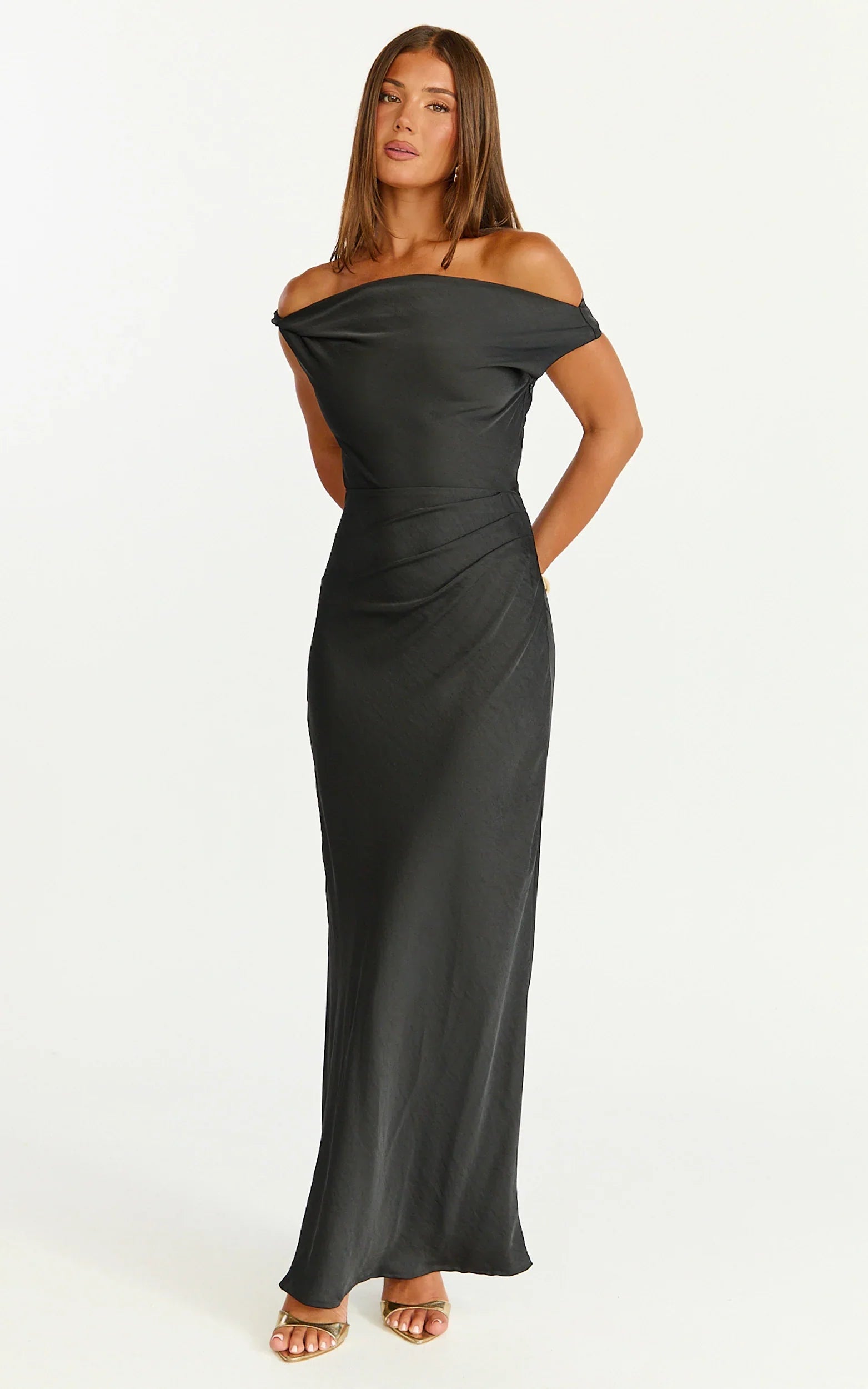 Lira Midi Dress - One Shoulder Satin Dress in Black