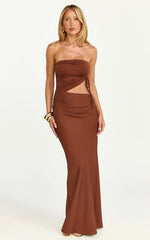Fergie Maxi Dress - Strapless Side Ruched Cut Out Fitted Dress in chestnut brown