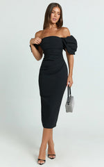 Lohan Midi Dress - Off Shoulder Puff Sleeve in Black