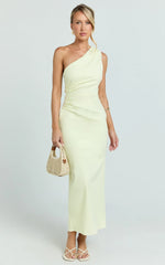 Karlie Midi Dress - One Shoulder Fitted Dress in Lemon