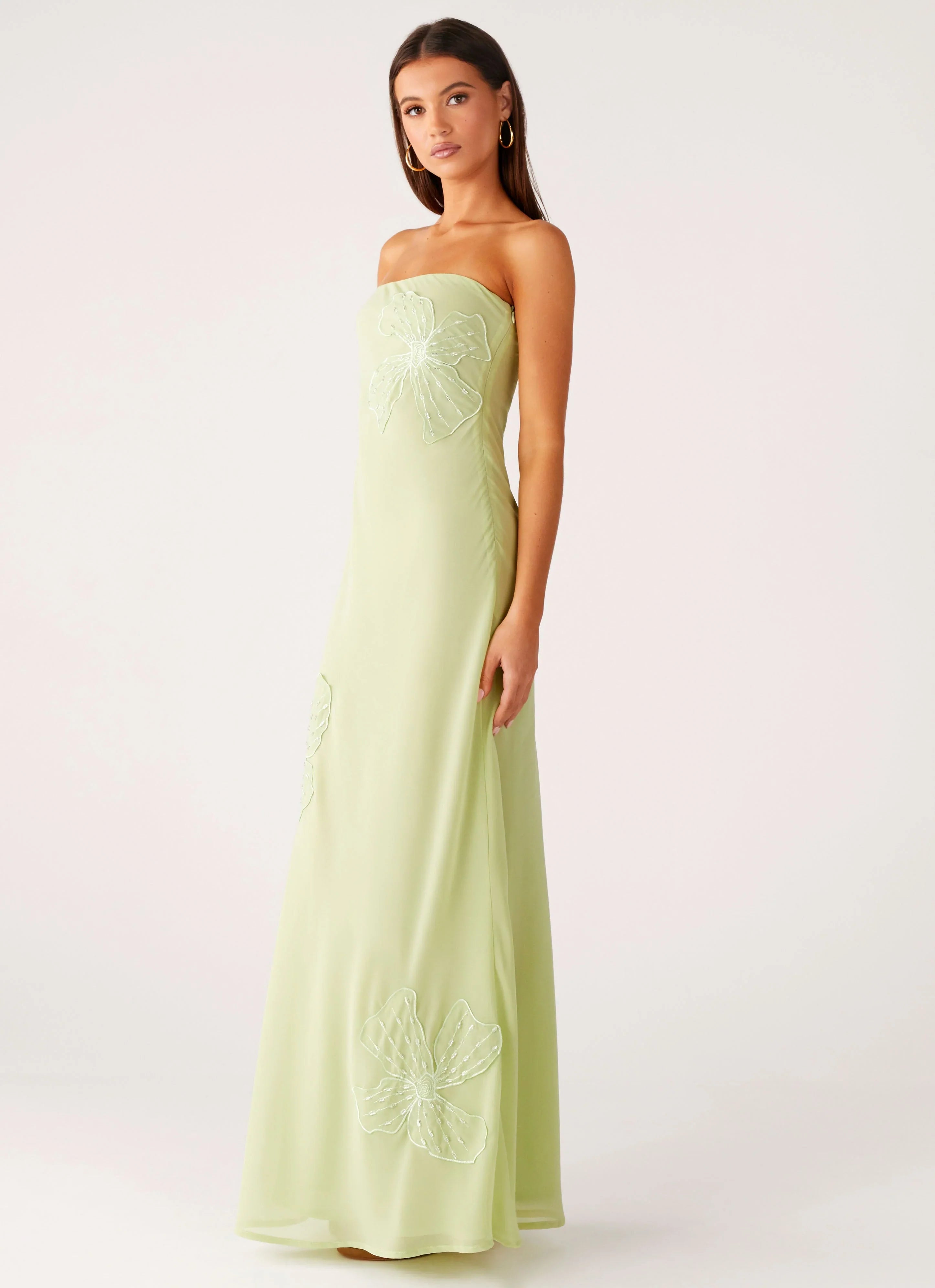 Sassafras Beaded Flower Strapless Maxi Dress - Lime