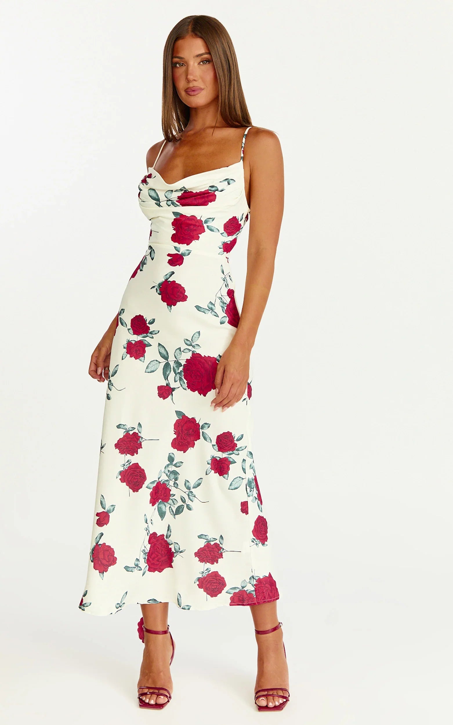 Dahlia Midi Dress - Cowl Neck A Line Dress in Scarlet Rose Print