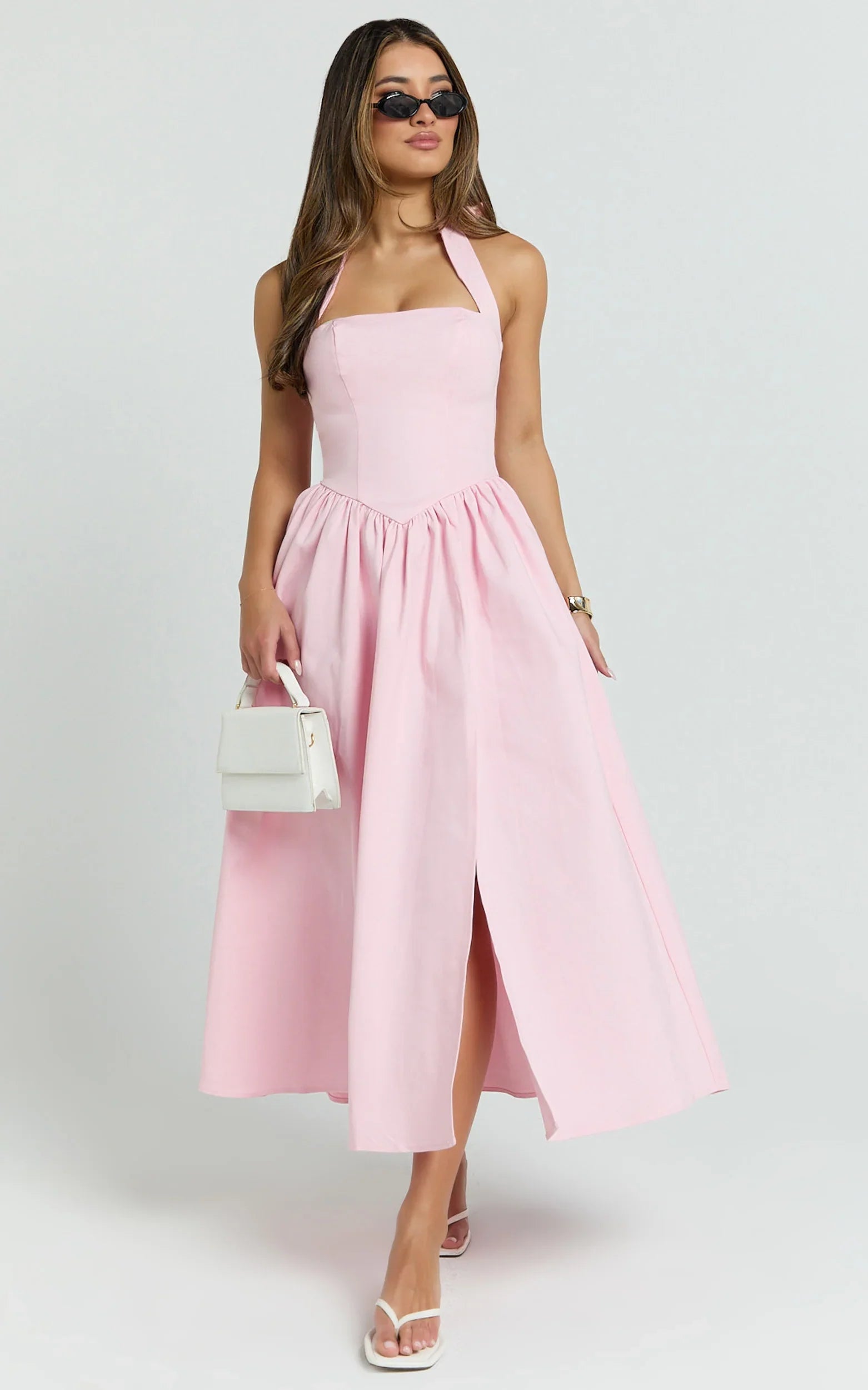 Helda Midi Dress - Halter Tie Neck Corset Panel Dress in Pink