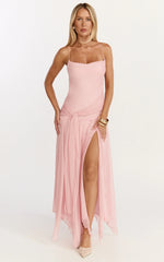 Idris Maxi Dress - Cowl Neck Draped Sash Godet Dress in Soft Pink