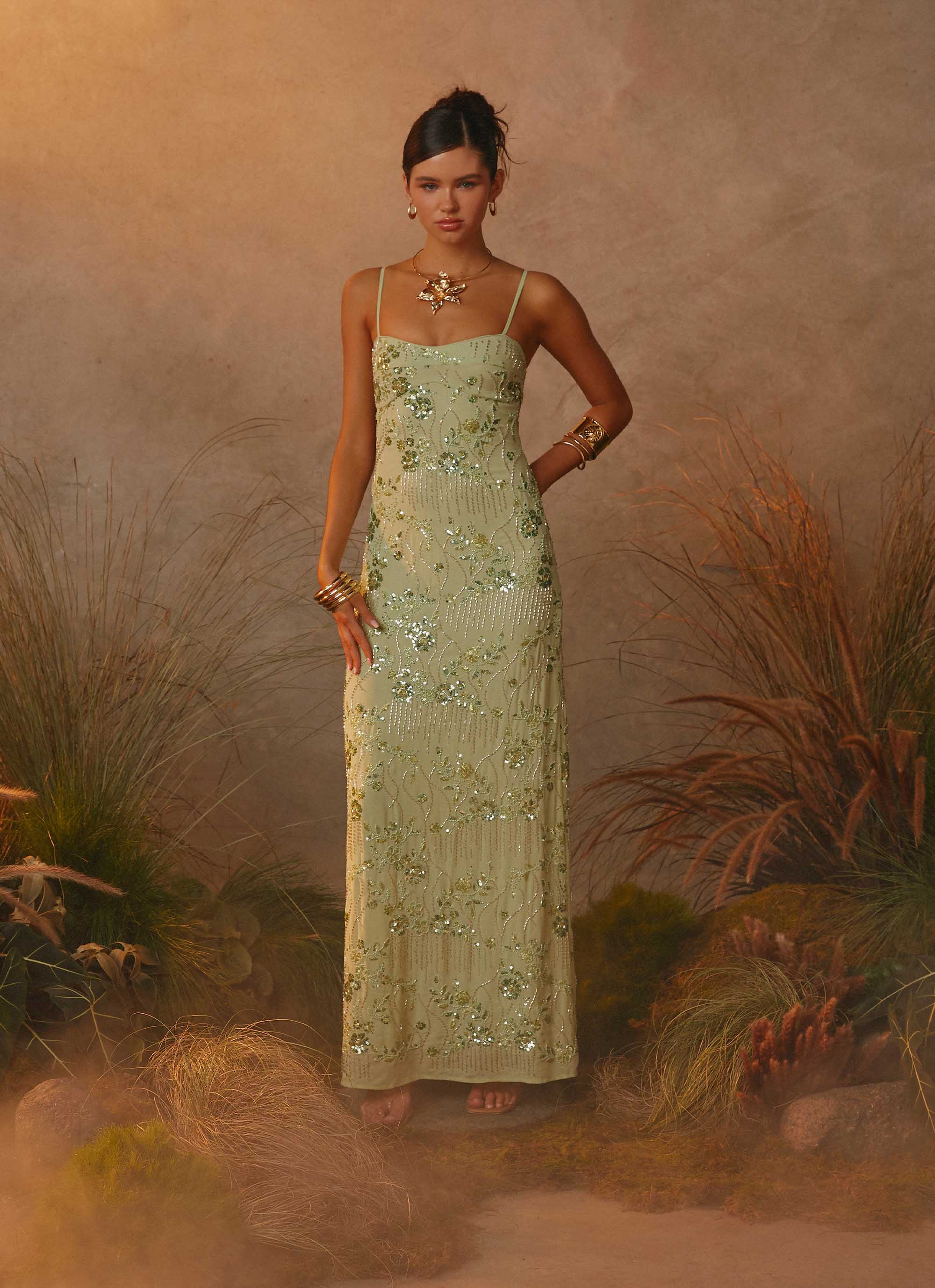 Celandine Beaded Maxi Dress - Lime
