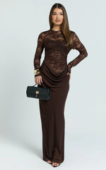 Crisanta Maxi Dress - Long Sleeve Contrast Lace Bodycon Dress in Chocolate