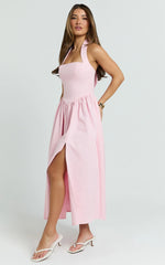 Helda Midi Dress - Halter Tie Neck Corset Panel Dress in Pink