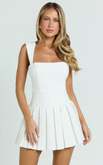 Wallace Mini Dress - Square Neck Wide Strap Drop Waist Pleated Dress in White