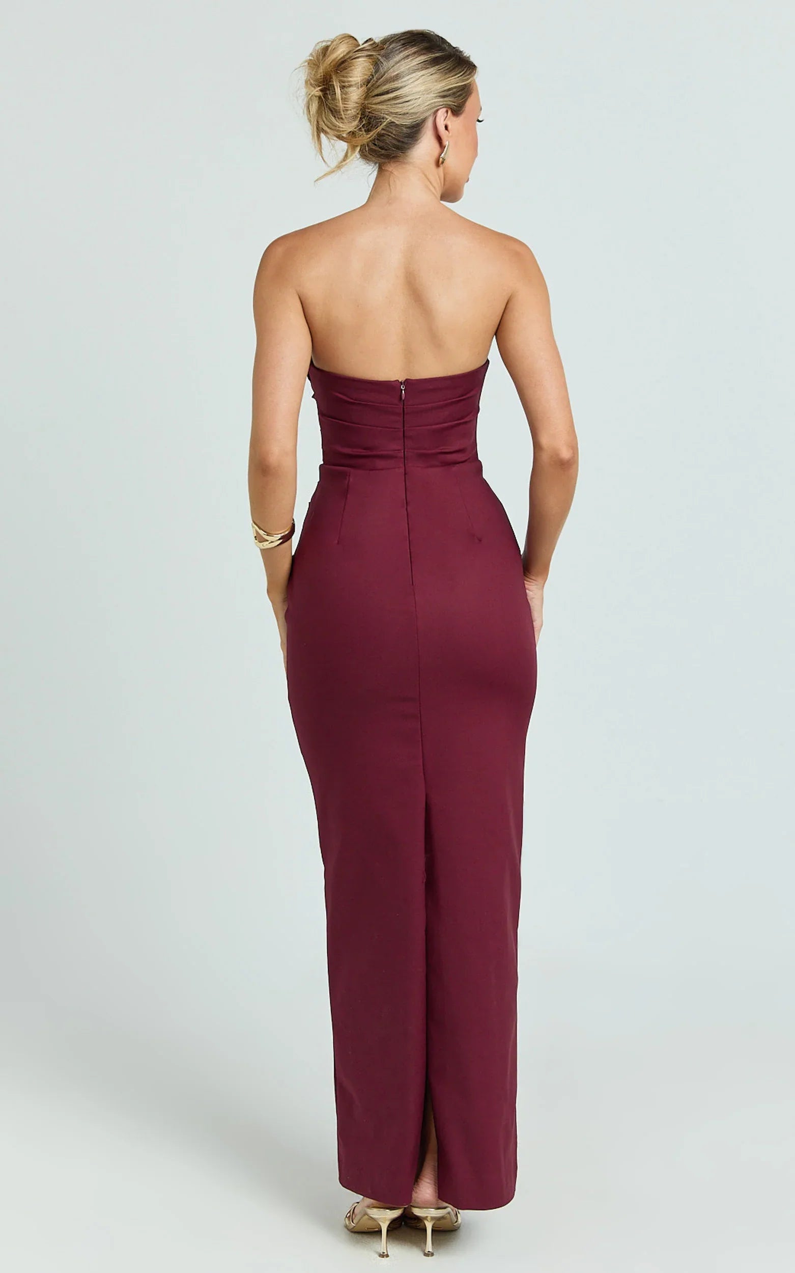 Jamie Maxi Dress - Strapless Ruched Fitted Column Dress in Wine