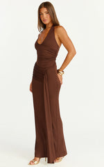 Dixie Maxi Dress - Plunge Halter Low Back Dress in Chocolate