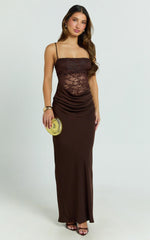 Rania Maxi Dress - Contrast Lace Bodice Bias Cowl Drop Waist Dress in Chocolate