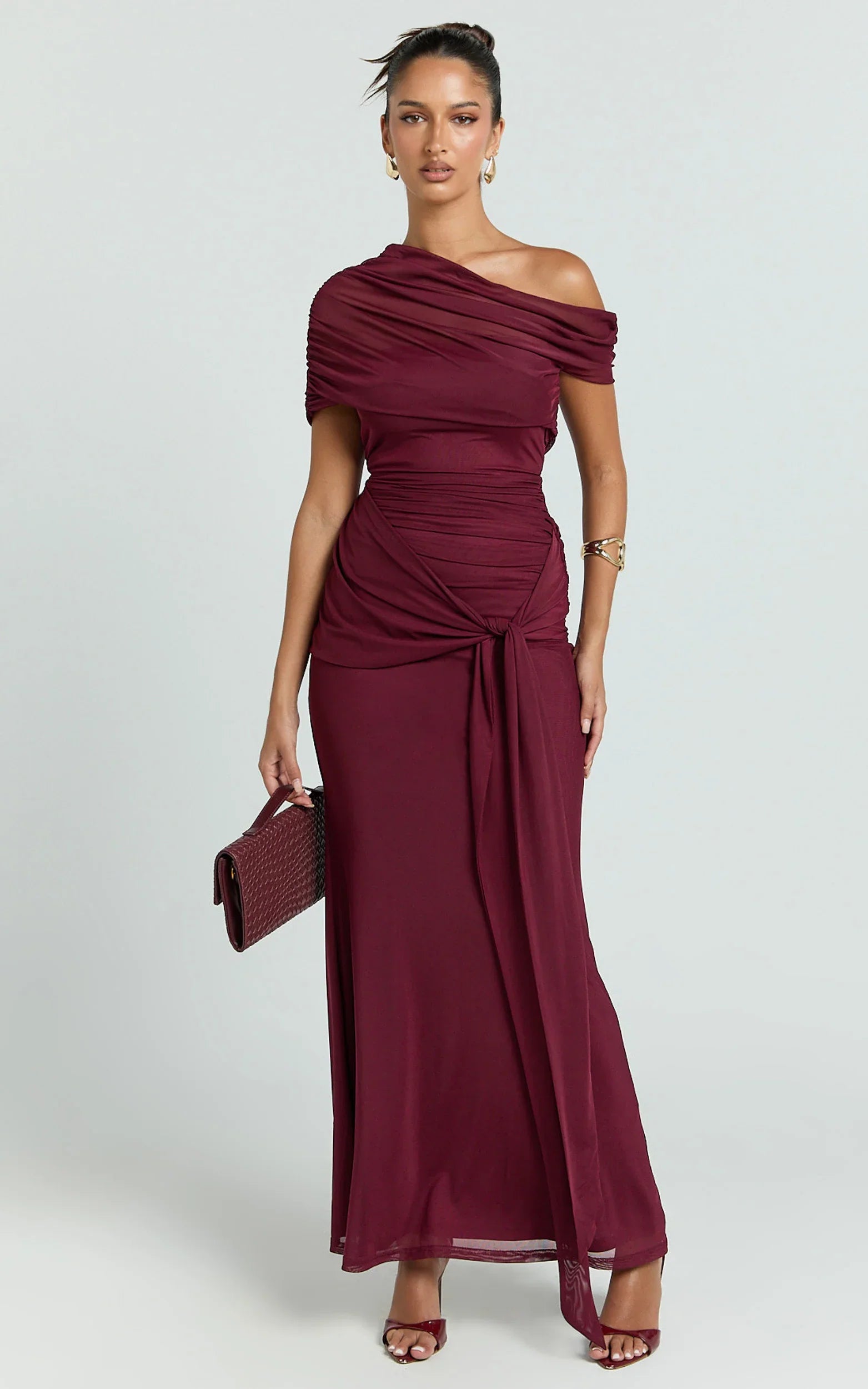 Nicolette Maxi Dress - Cape Sleeve Off Shoulder Dress in Wine