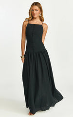 Cortez Maxi Dress - Square Neck Button Down Dropped Waist Dress in Black