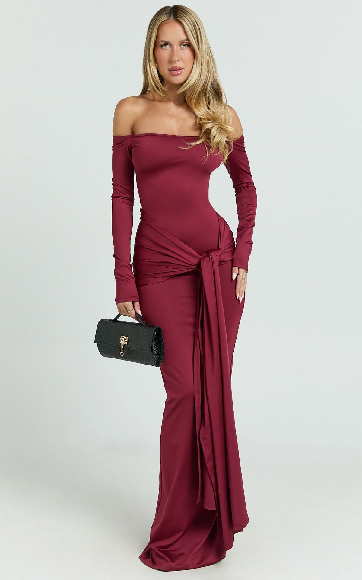 Judith Maxi Dress - Boat Neck Backless Tie Front Long Sleeve Jersey Dress in Wine