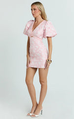Diana Mini Dress - Jacquard Short Sleeve Cut Out Dress in Light Pink