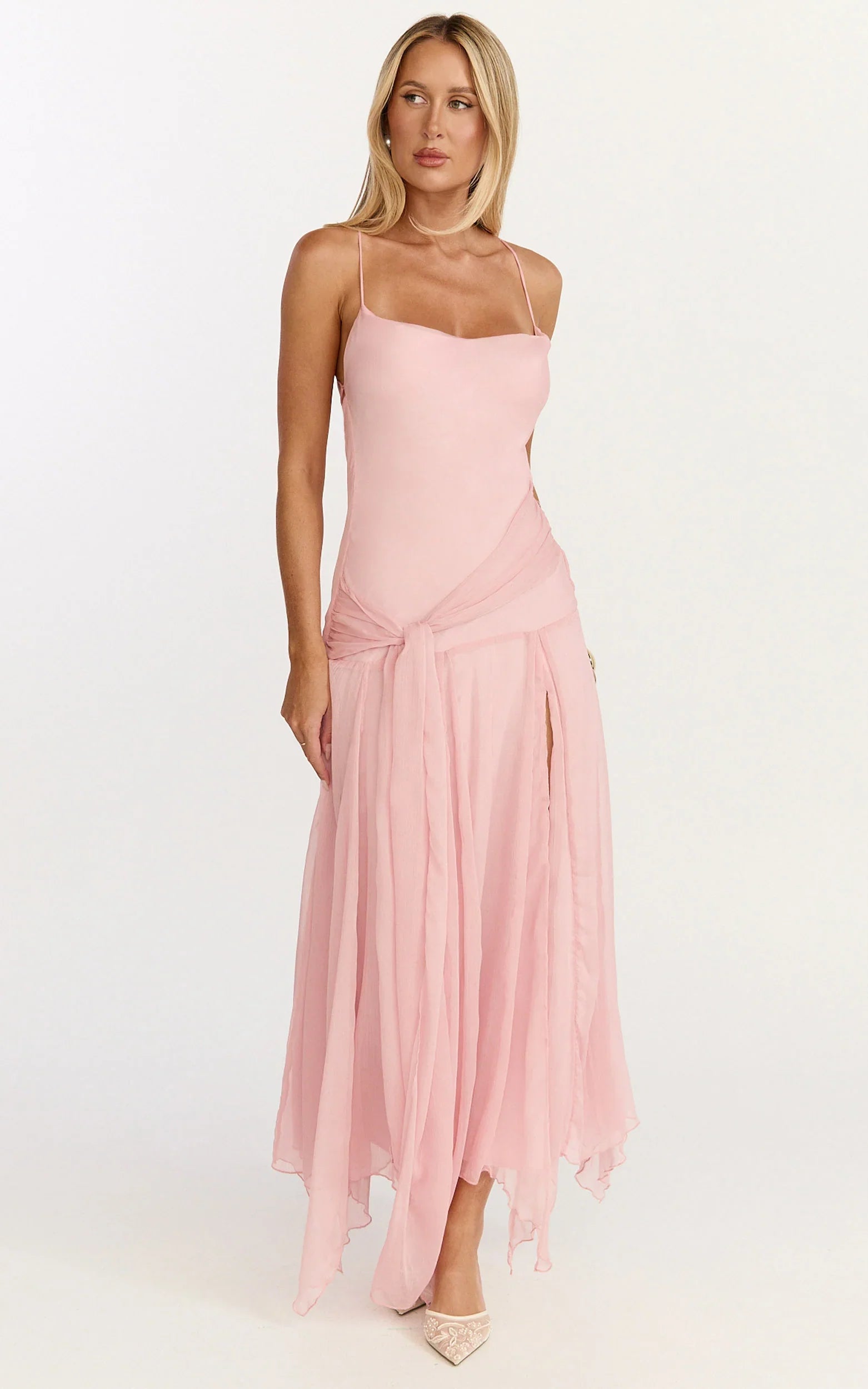 Idris Maxi Dress - Cowl Neck Draped Sash Godet Dress in Soft Pink